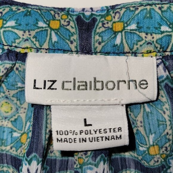Liz Claiborne Green Blue Print Popover 3/4 Sleeve Boho Chiffon Blouse Women SZ L - Picture 11 of 13